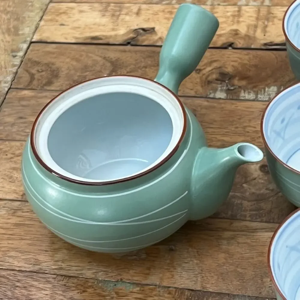 Arita Ware Tea Set Teapot & 5 Cups Light Green With White Swirl